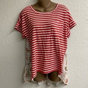 Umgee High/Low Top Red Striped Front Floral Sheer Back Blouse Women’s Size Small